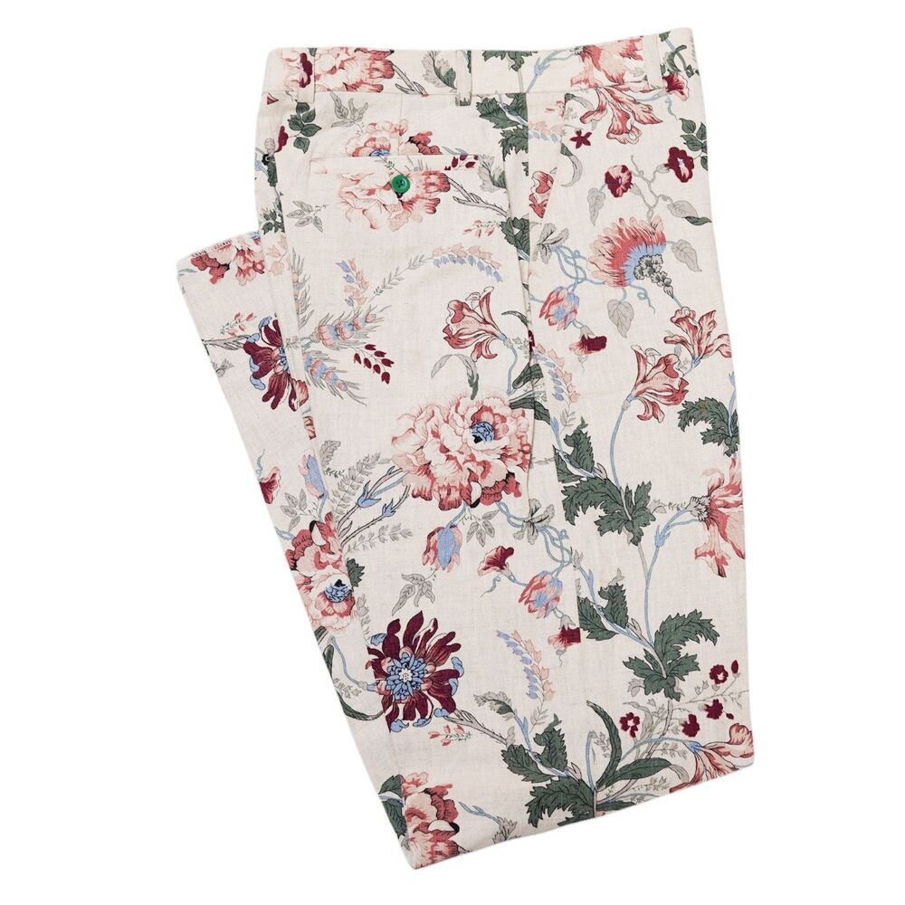Mens 32 Ivory Floral Print Cotton Pants Straight Fit Flat Front Trousers NWT